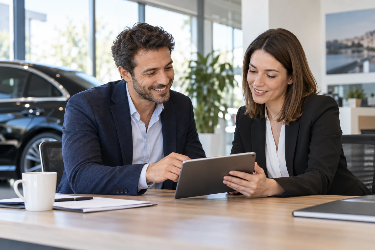 Chauffeur VTC consultant une tablette avec une conseillère en assurance